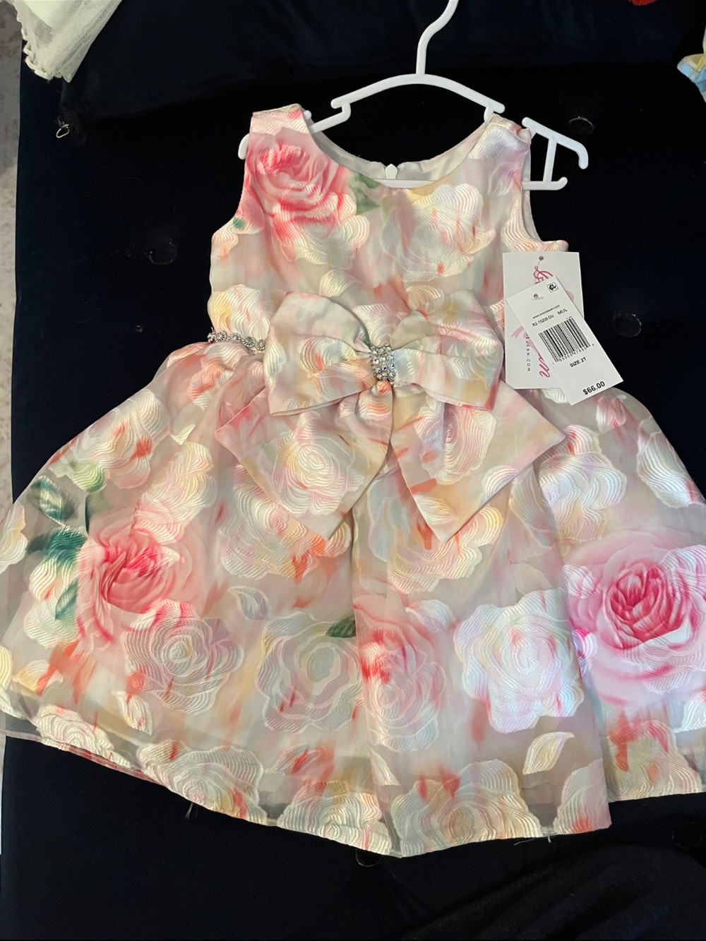 Bonnie Jean Pastel Rose Print Bow Dress - Pink, White, Green